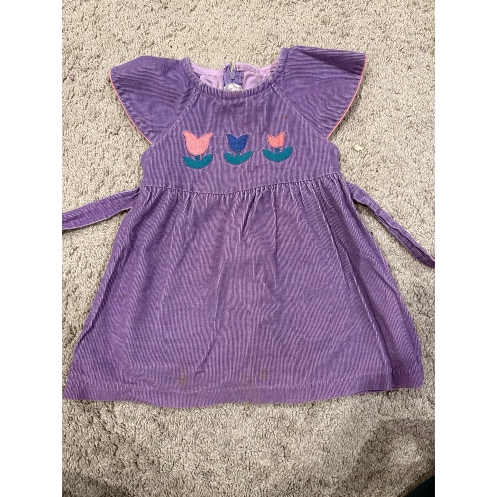 Vintage Corduroy Purple Toddler Jumper Dress With Tulip Flower Applique‎ 3T